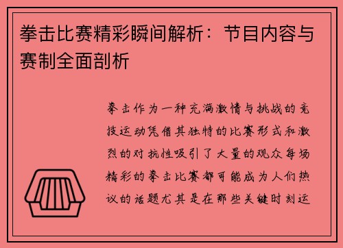 拳击比赛精彩瞬间解析：节目内容与赛制全面剖析