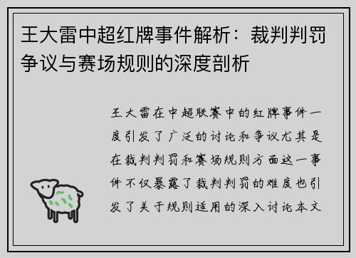 王大雷中超红牌事件解析：裁判判罚争议与赛场规则的深度剖析