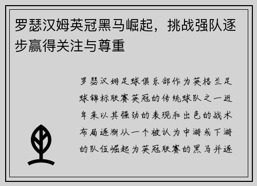 罗瑟汉姆英冠黑马崛起，挑战强队逐步赢得关注与尊重
