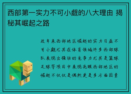 西部第一实力不可小觑的八大理由 揭秘其崛起之路