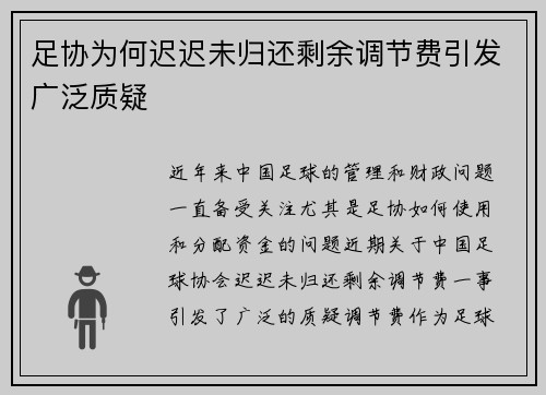 足协为何迟迟未归还剩余调节费引发广泛质疑